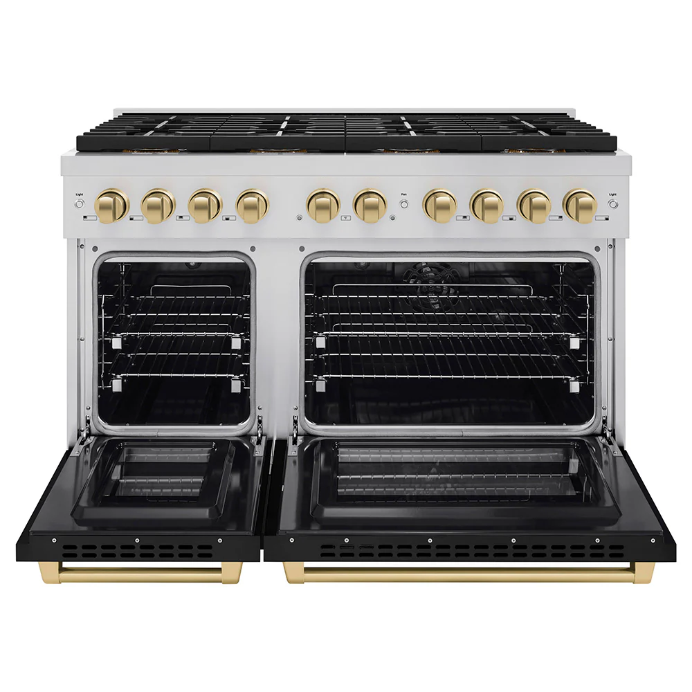 ZLINE Autograph Edition 48 in. 6.7 cu. ft. Paramount Dual Fuel Range with 8 Burner DuoPro™ Cooktop and Dual Ovens with Black Matte Doors and Champagne Bronze Accents (PSDRZ-BLM-48-CB) - Image 3