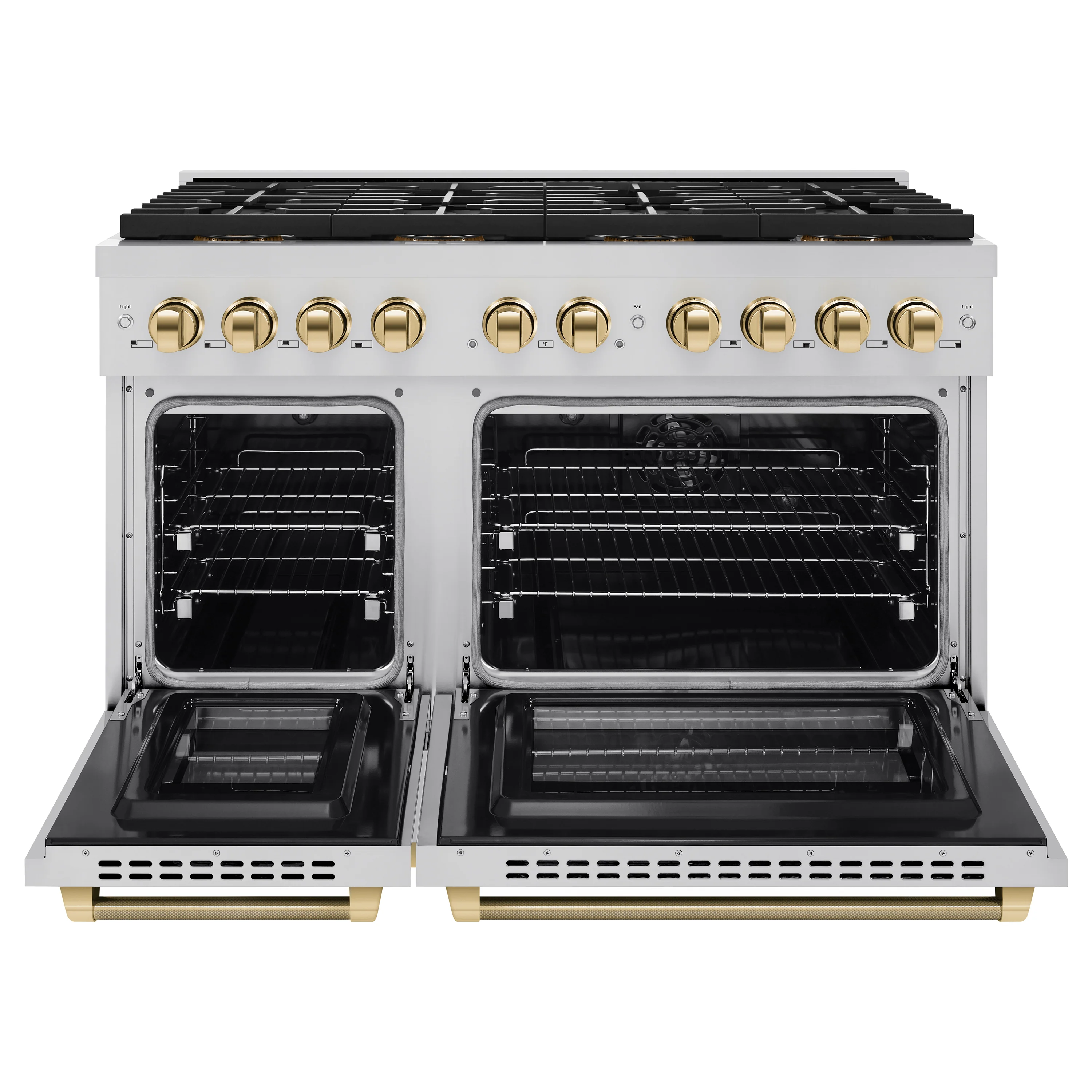 ZLINE Autograph Edition 48 in. 6.7 cu. ft. Paramount Dual Fuel Range with 8 Burner DuoPro™ Cooktop and Dual Ovens in Stainless Steel with Polished Gold Helix Handles and Accents (PSDRZ-48-KG) - Image 4