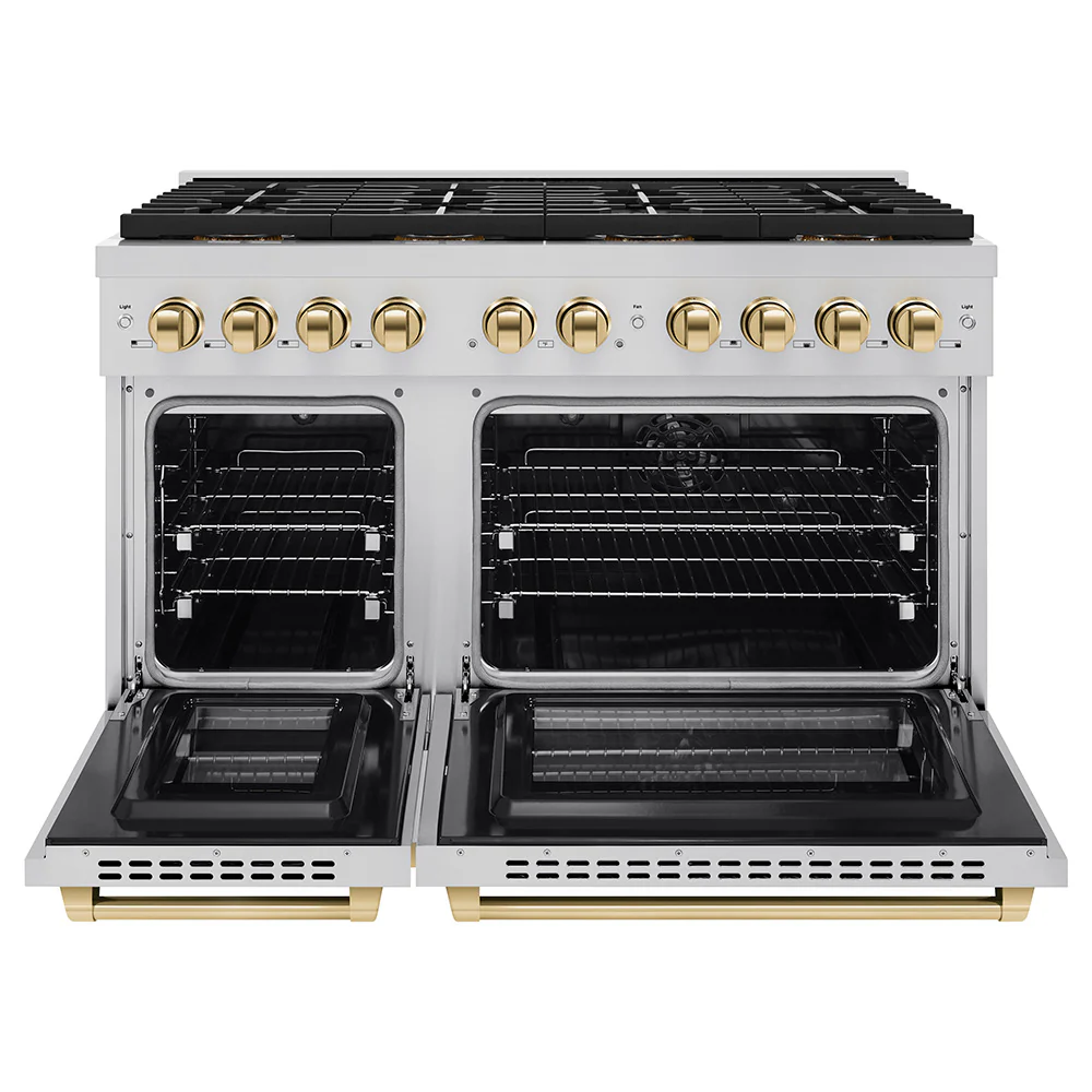 ZLINE Autograph Edition 48 in. 6.7 cu. ft. Paramount Dual Fuel Range with 8 Burner DuoPro™ Cooktop and Dual Ovens in Stainless Steel and Polished Gold Accents (PSDRZ-48-G) - Image 3