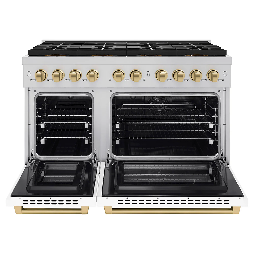 ZLINE Autograph Edition 48 in. 6.7 cu. ft. Paramount Dual Fuel Range with 8 Burner DuoPro™ Cooktop and Dual Ovens with White Matte Doors and Champagne Bronze Accents (PSDRZ-WM-48-CB) - Image 3