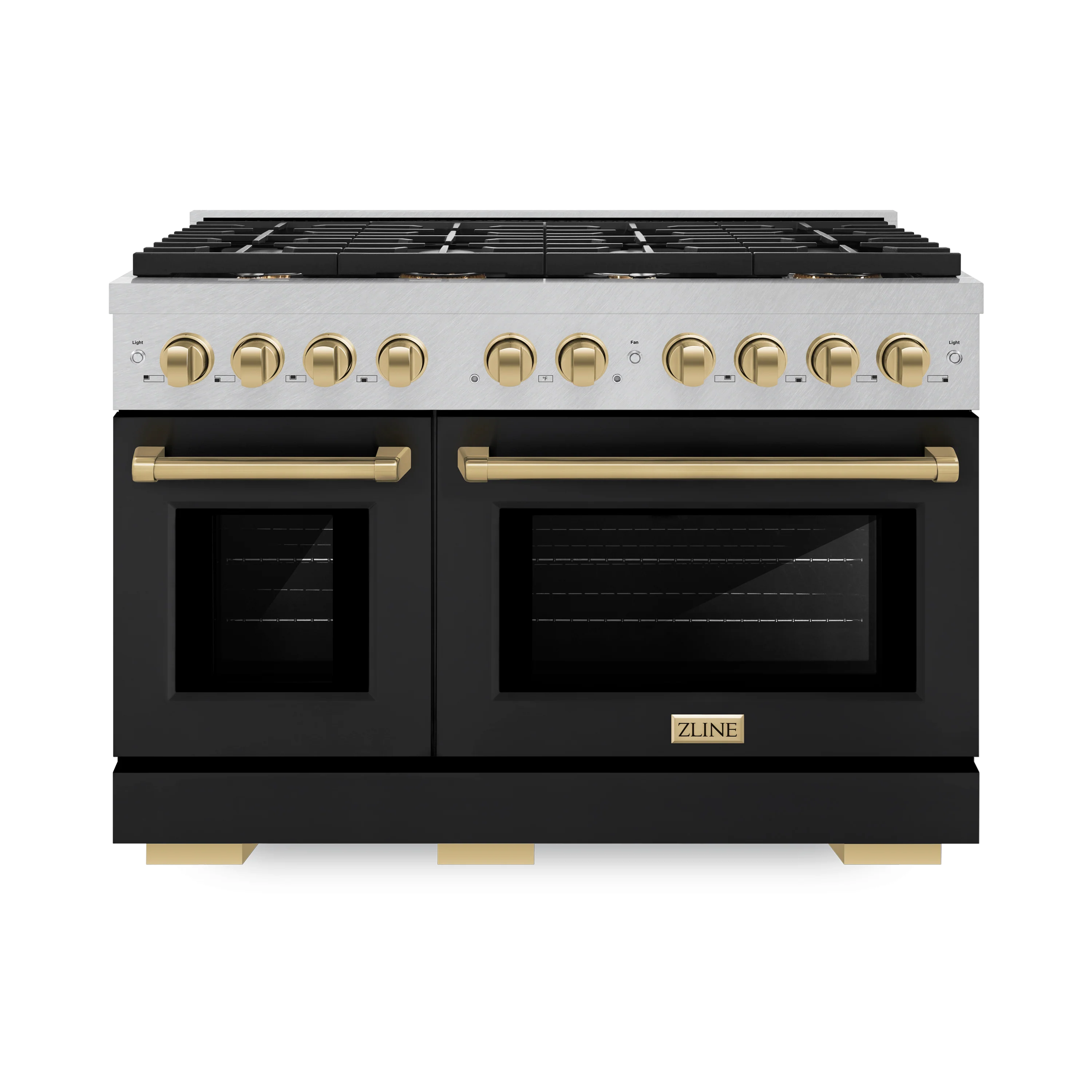ZLINE Autograph Edition 48 in. 6.7 cu. ft. Paramount Double Oven Dual Fuel Range with 8 Burner Gas Cooktop in Satin Stainless Steel with Black Matte Doors and Champagne Bronze Accents (SDRSZ-BLM-48-CB) - Image 4
