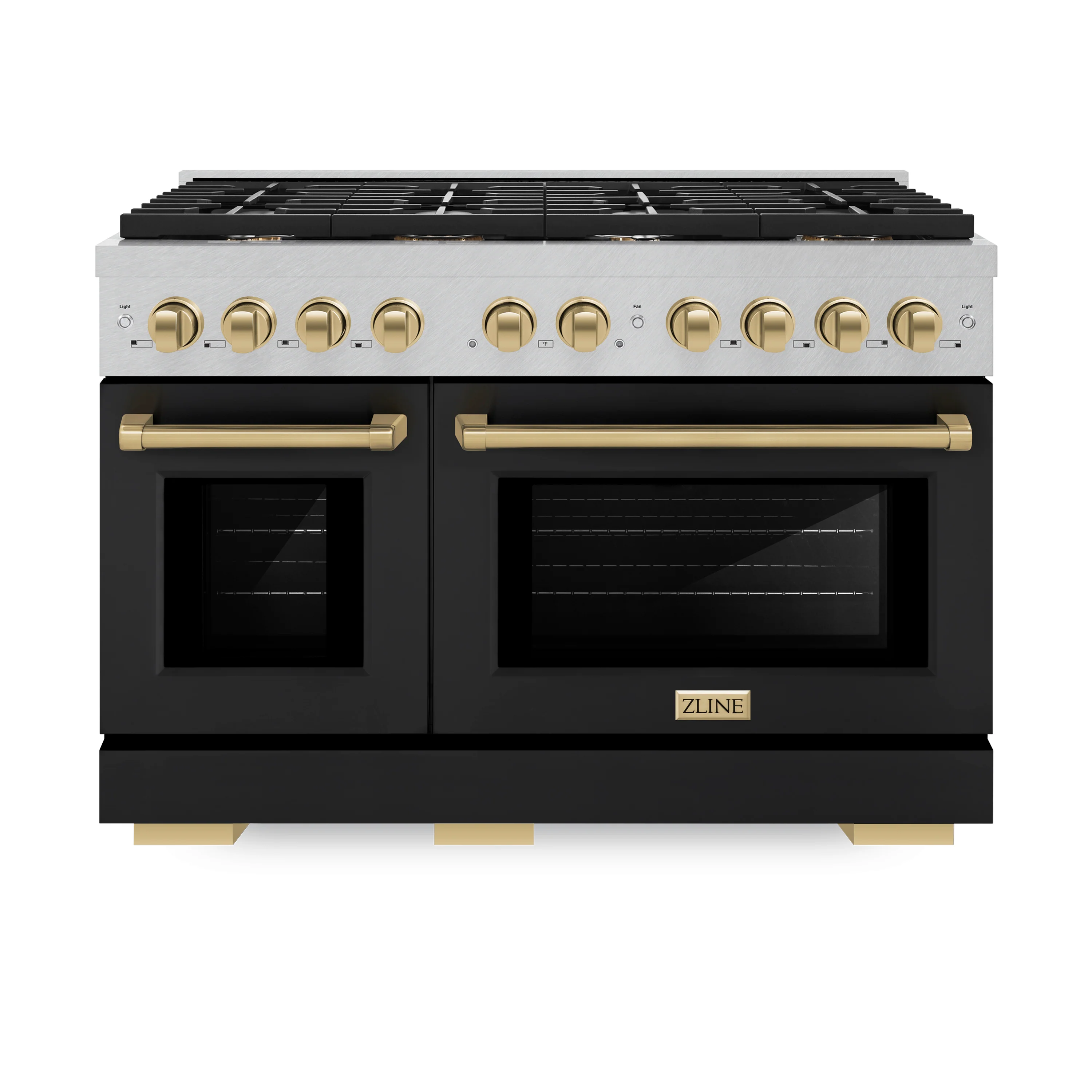 ZLINE Autograph Edition 48 in. 6.7 cu. ft. Paramount Double Oven Dual Fuel Range with 8 Burner Gas Cooktop in Satin Stainless Steel with Black Matte Doors and Champagne Bronze Accents (SDRSZ-BLM-48-CB) - Image 5