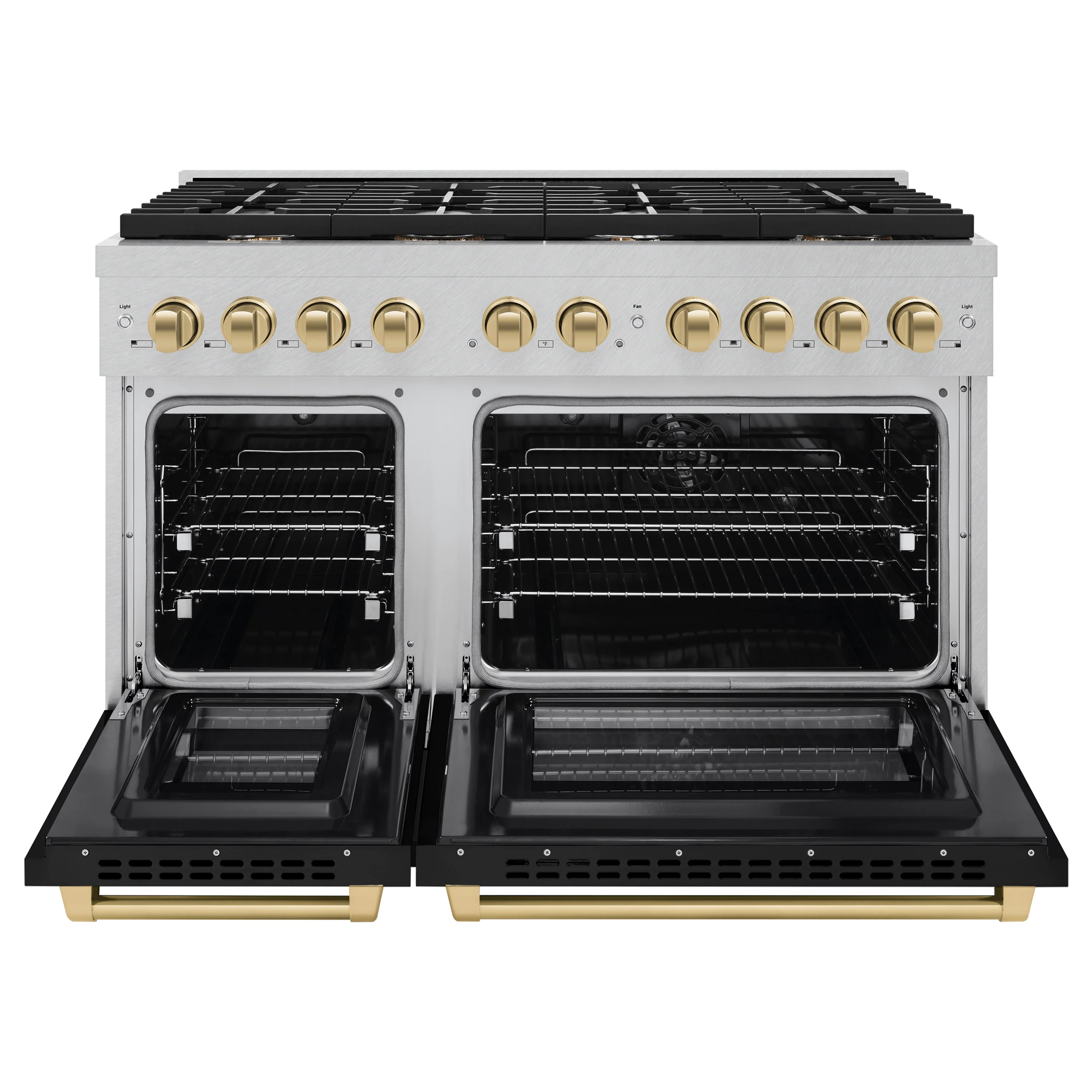 ZLINE Autograph Edition 48 in. 6.7 cu. ft. Paramount Double Oven Dual Fuel Range with 8 Burner Gas Cooktop in Satin Stainless Steel with Black Matte Doors and Champagne Bronze Accents (SDRSZ-BLM-48-CB) - Image 6