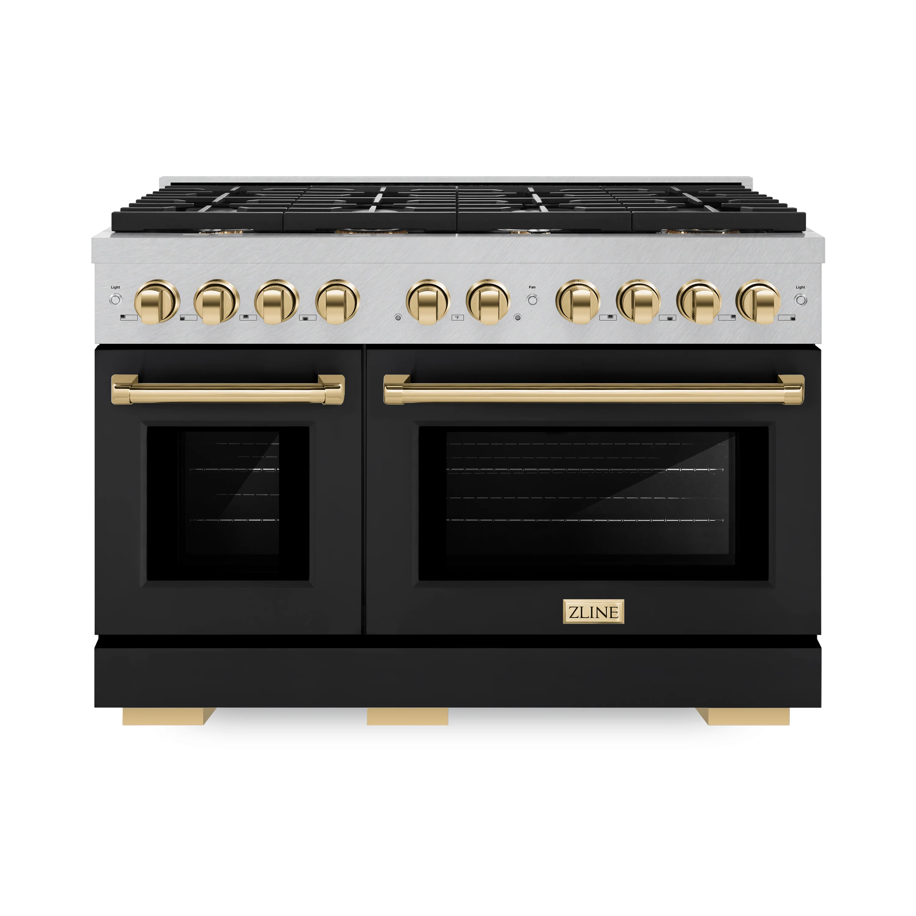 ZLINE Autograph Edition 48 in. 6.7 cu. ft. Paramount Double Oven Dual Fuel Range with 8 Burner Gas Cooktop in Satin Stainless Steel with Black Matte Doors and Polished Gold Accents (SDRSZ-BLM-48-G) - Image 4