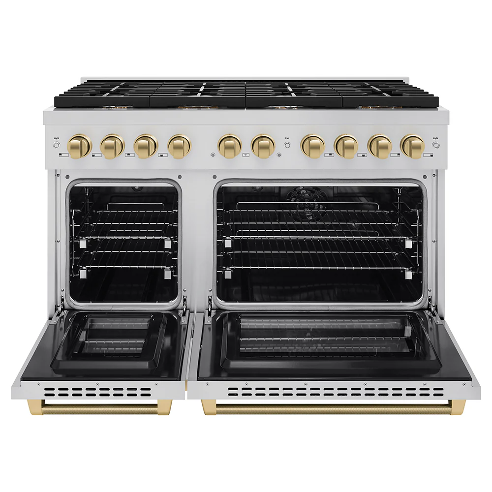 ZLINE Autograph Edition 48 in. 6.7 cu. ft. Paramount Double Oven Dual Fuel Range with 8 Burner Gas Cooktop in Stainless Steel and Champagne Bronze Helix Handles and Knob Accents (SDRZ-48-KCB) - Image 4