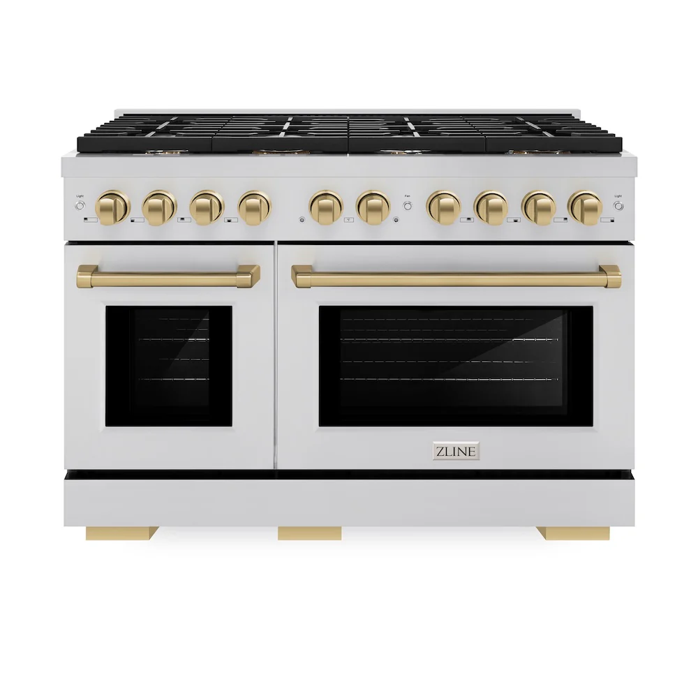 ZLINE Autograph Edition 48 in. 6.7 cu. ft. Paramount Double Oven Dual Fuel Range with 8 Burner Gas Cooktop in Stainless Steel and Champagne Bronze Accents (SDRZ-48-CB) - Image 4