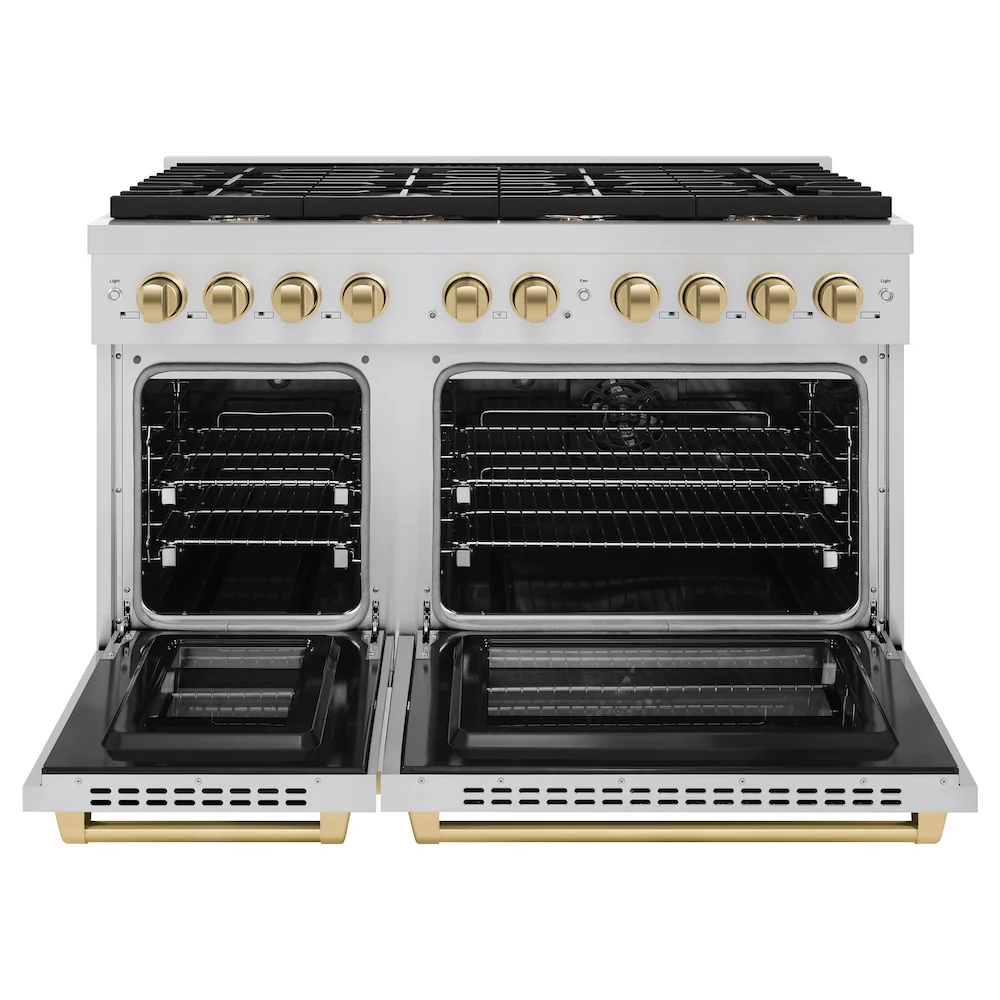 ZLINE Autograph Edition 48 in. 6.7 cu. ft. Paramount Double Oven Dual Fuel Range with 8 Burner Gas Cooktop in Stainless Steel and Champagne Bronze Accents (SDRZ-48-CB) - Image 5