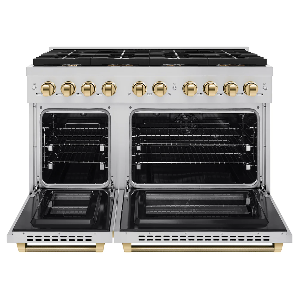 ZLINE Autograph Edition 48 in. 6.7 cu. ft. Paramount Double Oven Dual Fuel Range with 8 Burner Gas Cooktop in Stainless Steel and Polished Gold Helix Handles and Knob Accents (SDRZ-48-KG) - Image 3