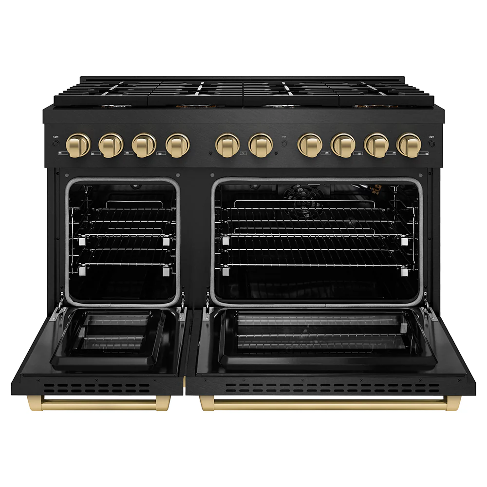 ZLINE Autograph Edition 48 in. 6.7 cu. ft. Paramount Double Oven Gas Range with 8 Burner Cooktop in Black Satin Stainless Steel and Champagne Bronze Accents (SGRBSZ-48-CB) - Image 2