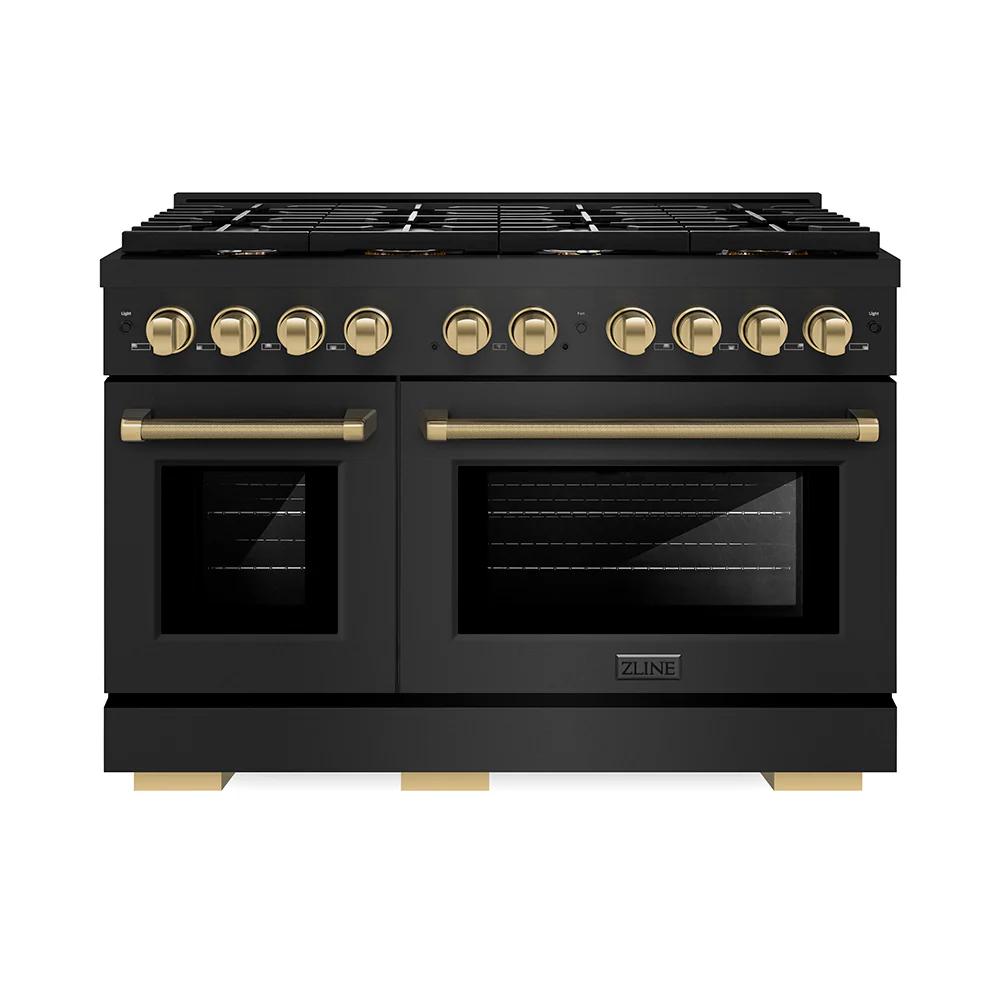 ZLINE Autograph Edition 48 in. 6.7 cu. ft. Paramount Double Oven Gas Range with 8 Burner Cooktop in Black Stainless Steel and Champagne Bronze Helix Handles and Knob Accents (SGRBZ-48-KCB)