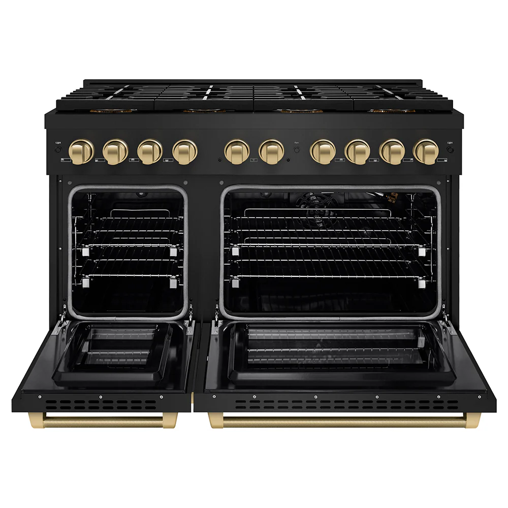 ZLINE Autograph Edition 48 in. 6.7 cu. ft. Paramount Gas Range with 8 Burner DuoPro™ Cooktop and Dual Ovens in Black Stainless Steel with Champagne Bronze Helix Handles and Accents (PSGRBZ-48-KCB) - Image 4