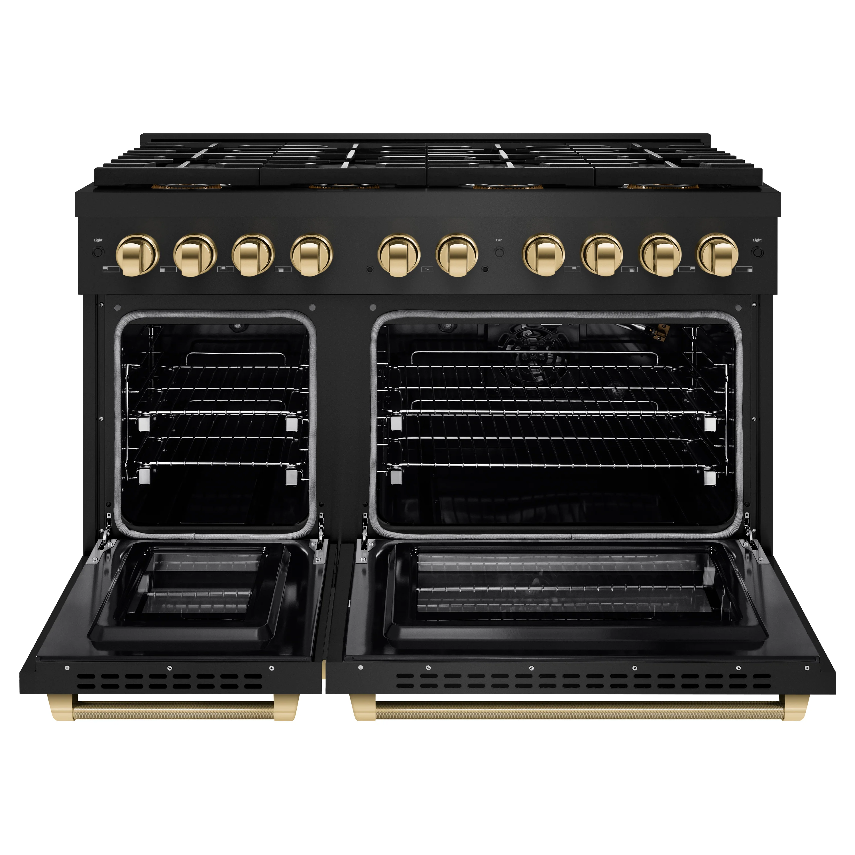 ZLINE Autograph Edition 48 in. 6.7 cu. ft. Paramount Gas Range with 8 Burner DuoPro™ Cooktop and Dual Ovens in Black Stainless Steel with Polished Gold Helix Handles and Accents (PSGRBZ-48-KG) - Image 4