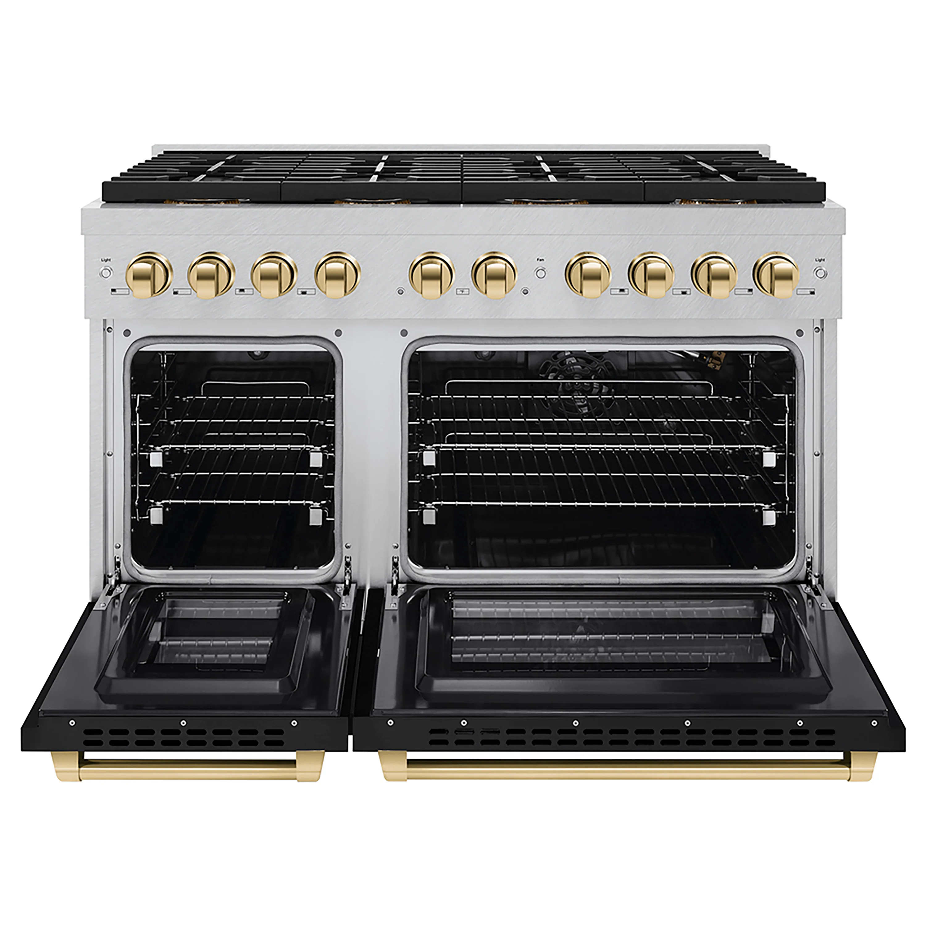 ZLINE Autograph Edition 48 in. 6.7 cu. ft. Paramount Gas Range with 8 Burner DuoPro™ Cooktop and Dual Ovens in Satin Stainless Steel with Black Matte Doors and Polished Gold Accents (PSGRSZ-BLM48-G) - Image 4