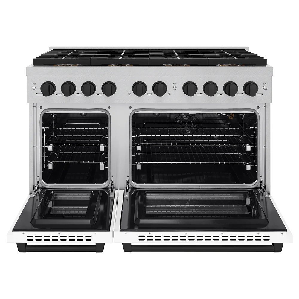 ZLINE Autograph Edition 48 in. 6.7 cu. ft. Paramount Gas Range with 8 Burner DuoPro™ Cooktop and Dual Ovens in Satin Stainless Steel with White Matte Doors and Matte Black Accents (PSGRSZ-WM-48-MB) - Image 4