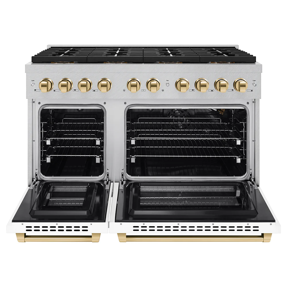 ZLINE Autograph Edition 48 in. 6.7 cu. ft. Paramount Gas Range with 8 Burner DuoPro™ Cooktop and Dual Ovens in Satin Stainless Steel with White Matte Doors and Polished Gold Accents (PSGRSZ-WM-48-G) - Image 4