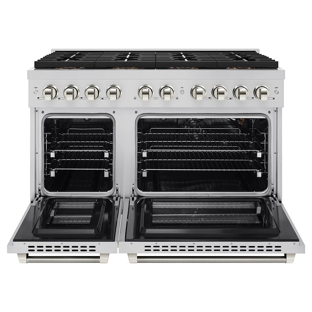 ZLINE Autograph Edition 48 in. 6.7 cu. ft. Paramount Gas Range with 8 Burner DuoPro™ Cooktop and Dual Ovens in Stainless Steel with Polished Nickel Helix Handles and Accents (PSGRZ-48-KPN) - Image 4