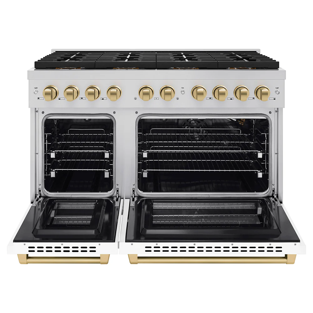 ZLINE Autograph Edition 48 in. 6.7 cu. ft. Paramount Gas Range with 8 Burner DuoPro™ Cooktop and Dual Ovens with White Matte Doors and Champagne Bronze Accents (PSGRZ-WM-48-CB) - Image 3