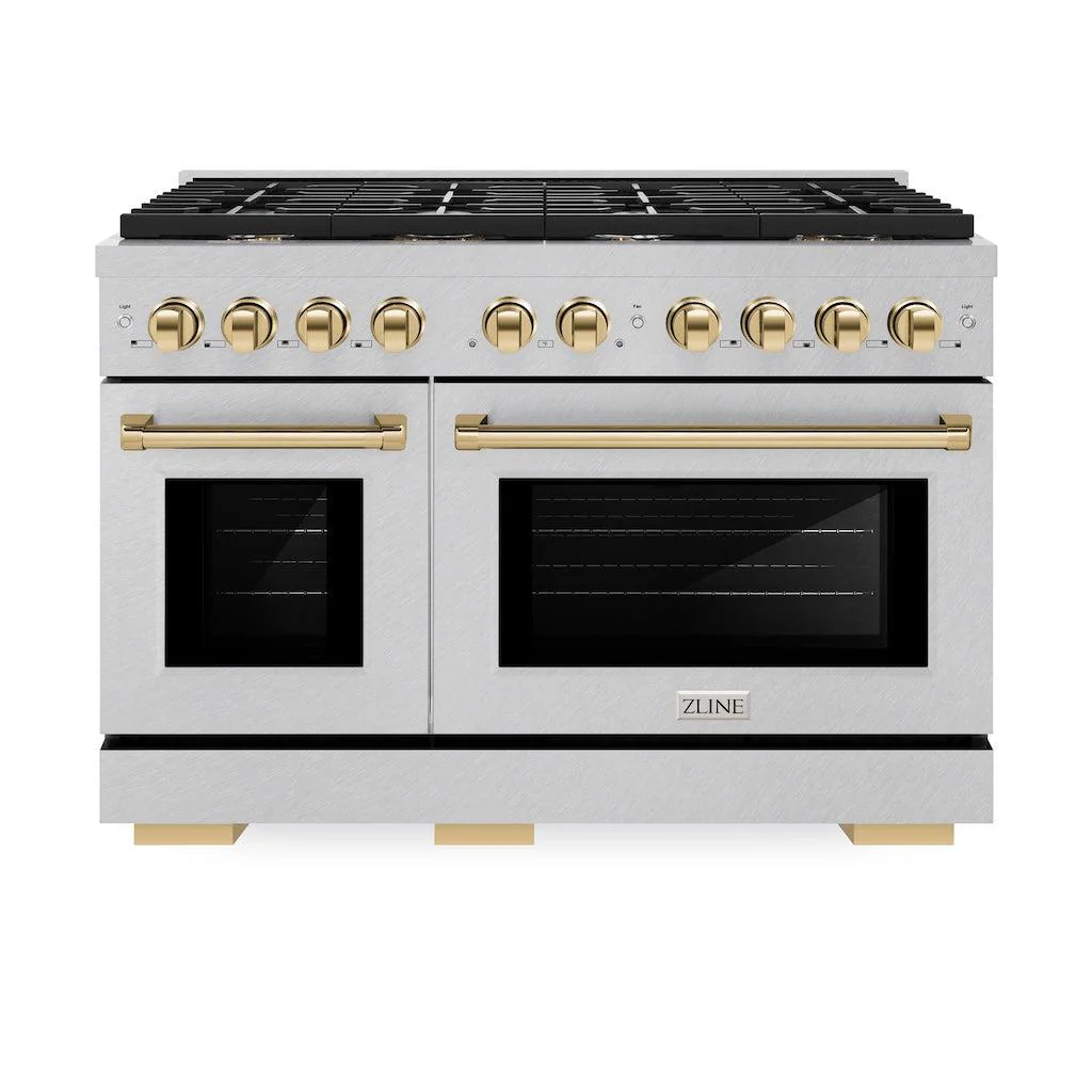 ZLINE Autograph Edition 48 in. 6.7 cu. ft. Paramount Double Oven Gas Range with 8 Burner Cooktop in Satin Stainless Steel and Polished Gold Accents (SGRSZ-48-G) - Image 2