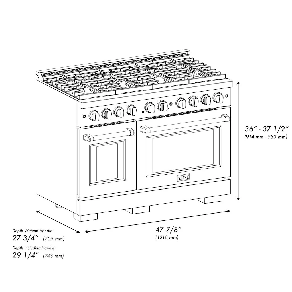 ZLINE Autograph Edition 48 in. 6.7 cu. ft. Paramount Double Oven Gas Range with 8 Burner Cooktop in Satin Stainless Steel and Polished Gold Accents (SGRSZ-48-G) - Image 9