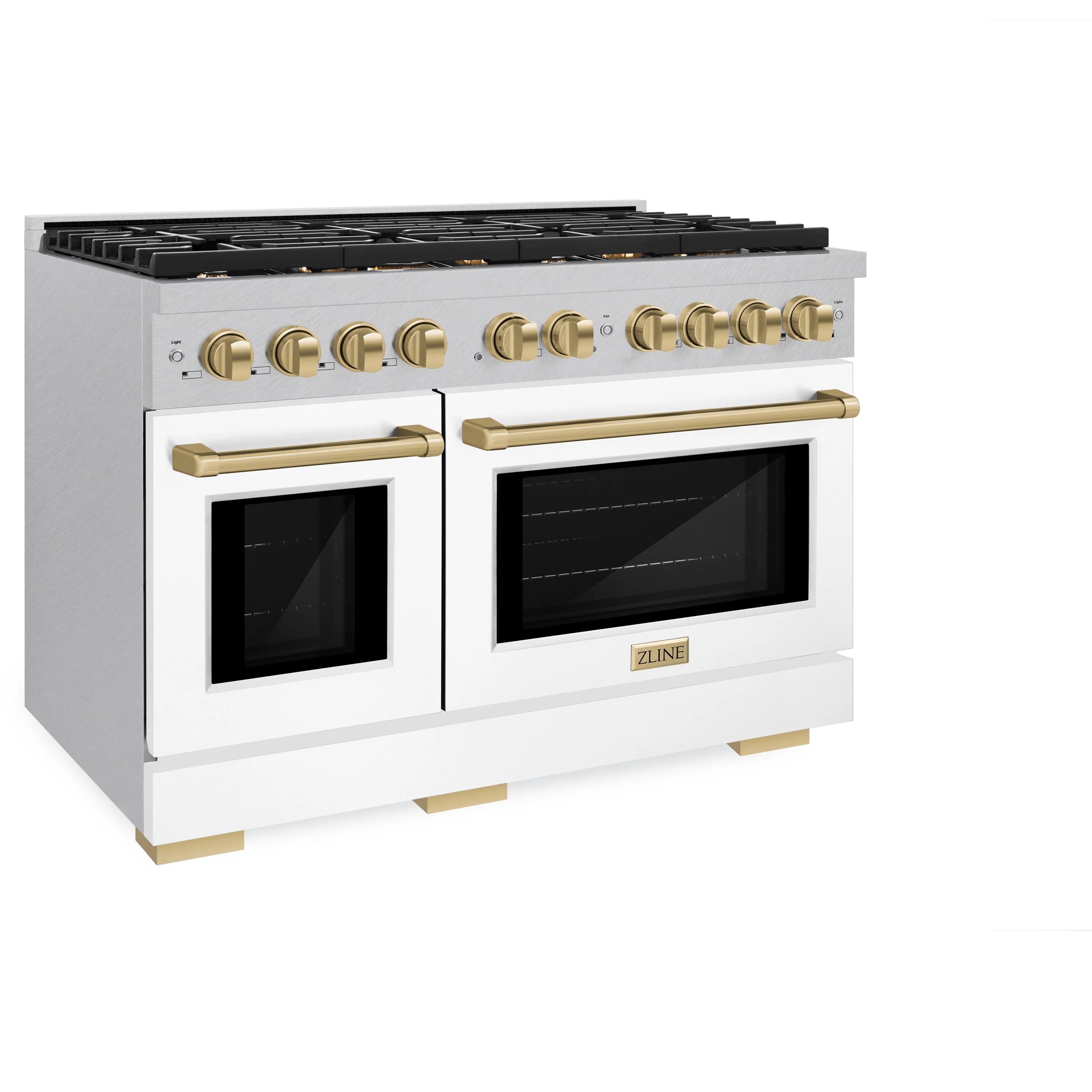 ZLINE Autograph Edition 48 in. 6.7 cu. ft. Paramount Double Oven Gas Range with 8 Burner Cooktop in Satin Stainless Steel with White Matte Doors and Champagne Bronze Accents (SGRSZ-WM-48-CB) - Image 3
