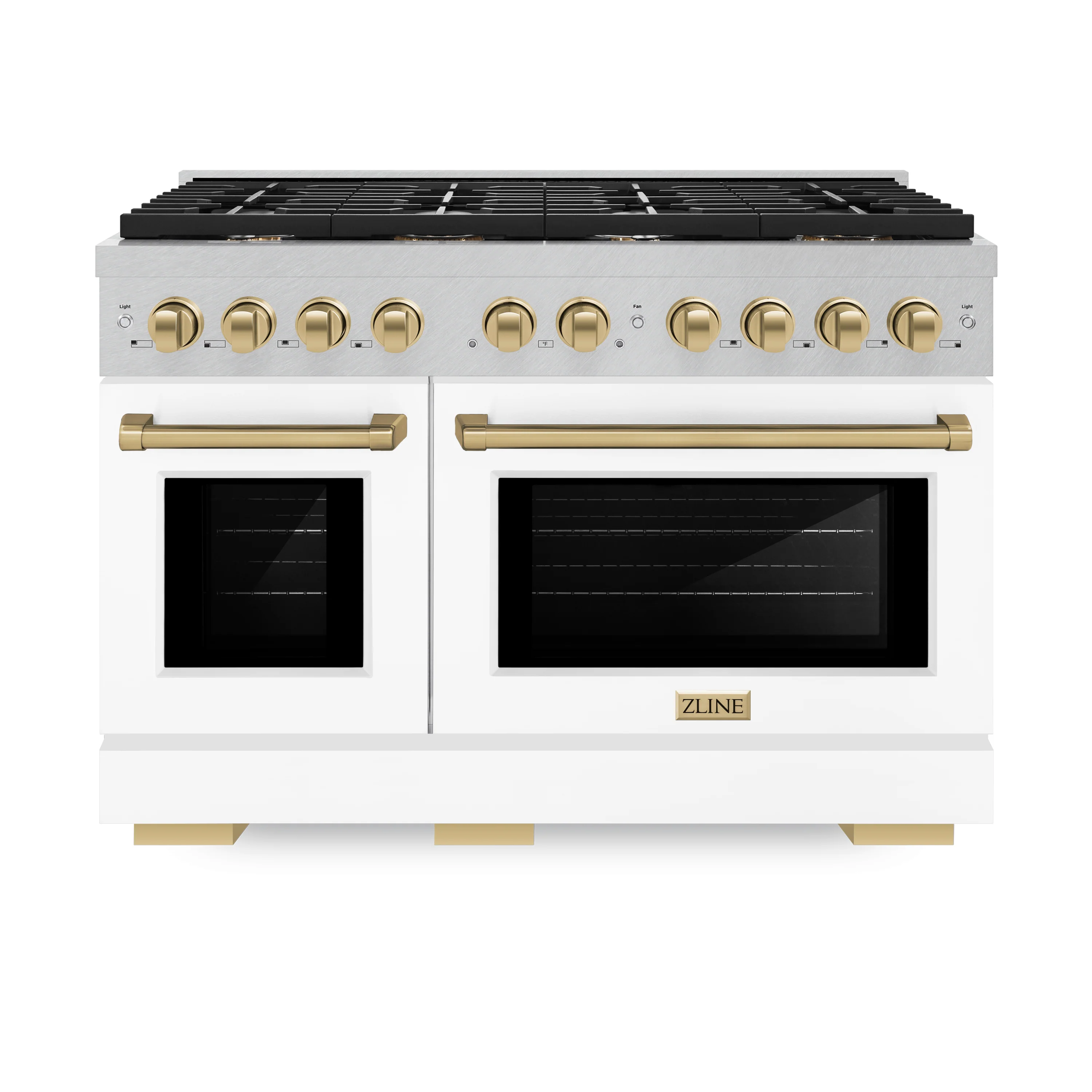 ZLINE Autograph Edition 48 in. 6.7 cu. ft. Paramount Double Oven Gas Range with 8 Burner Cooktop in Satin Stainless Steel with White Matte Doors and Champagne Bronze Accents (SGRSZ-WM-48-CB) - Image 4