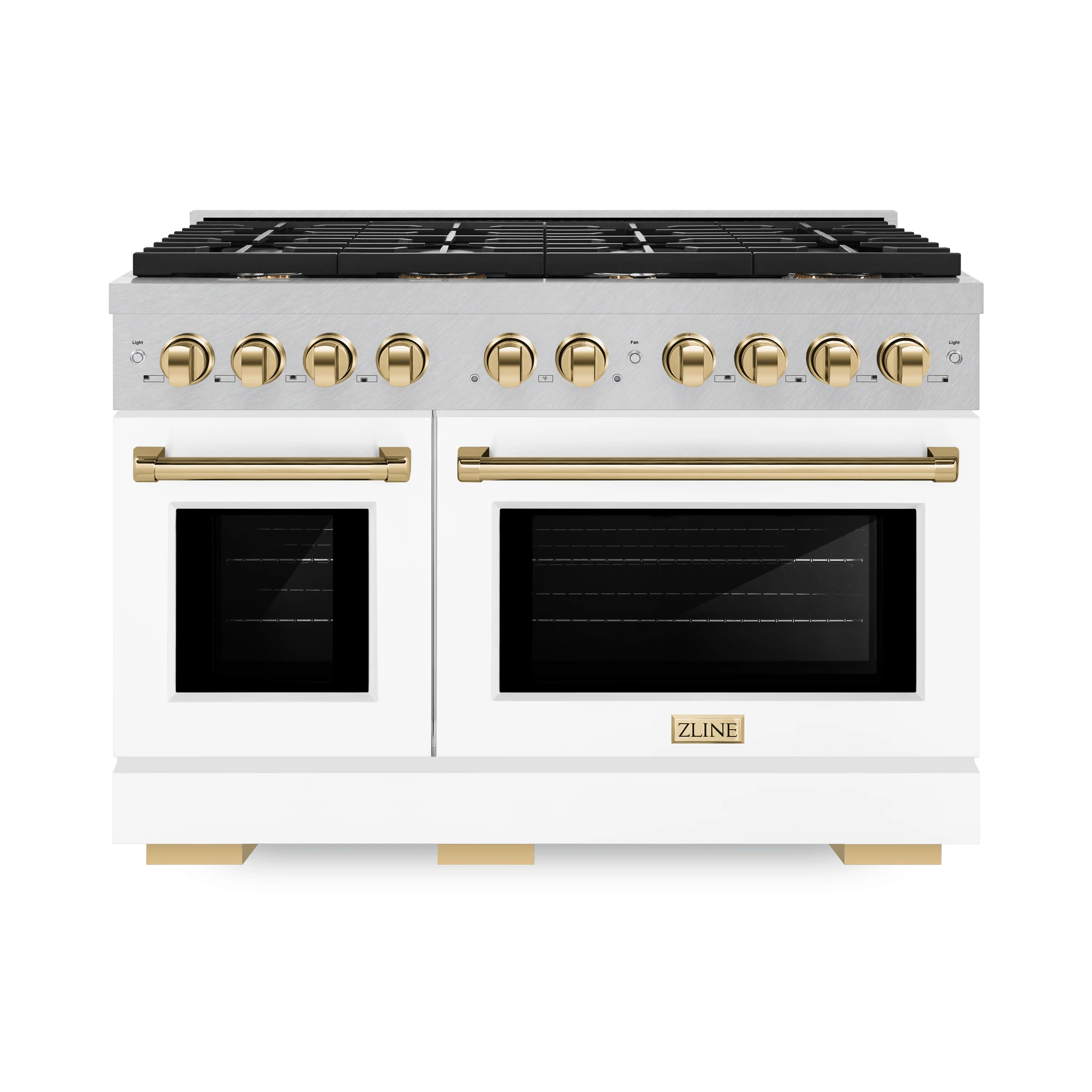 ZLINE Autograph Edition 48 in. 6.7 cu. ft. Paramount Double Oven Gas Range with 8 Burner Cooktop in Satin Stainless Steel with White Matte Doors and Polished Gold Accents (SGRSZ-WM-48-G) - Image 4
