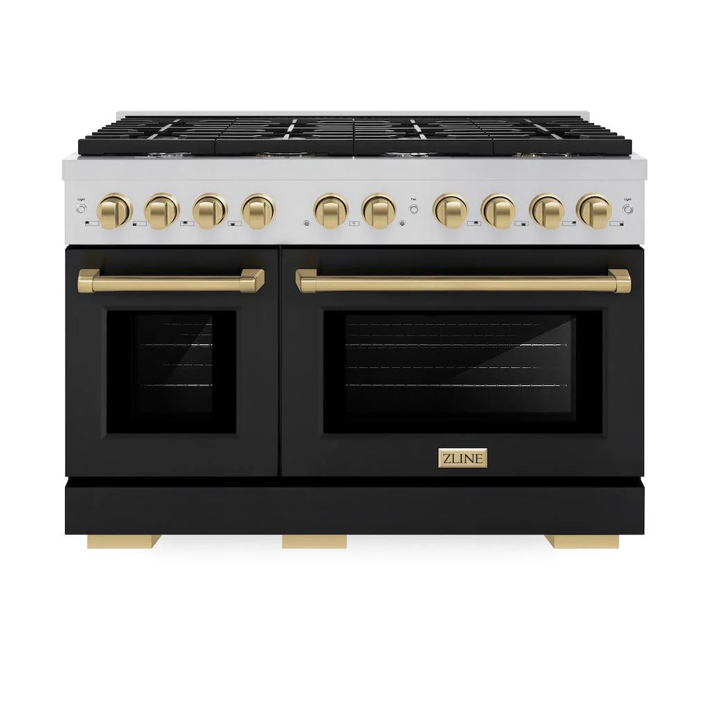 ZLINE Autograph Edition 48 in. 6.7 cu. ft. Paramount Double Oven Gas Range with 8 Burner Cooktop in Stainless Steel with Black Matte Doors and Champagne Bronze Accents (SGRZ-BLM-48-CB) - Image 2