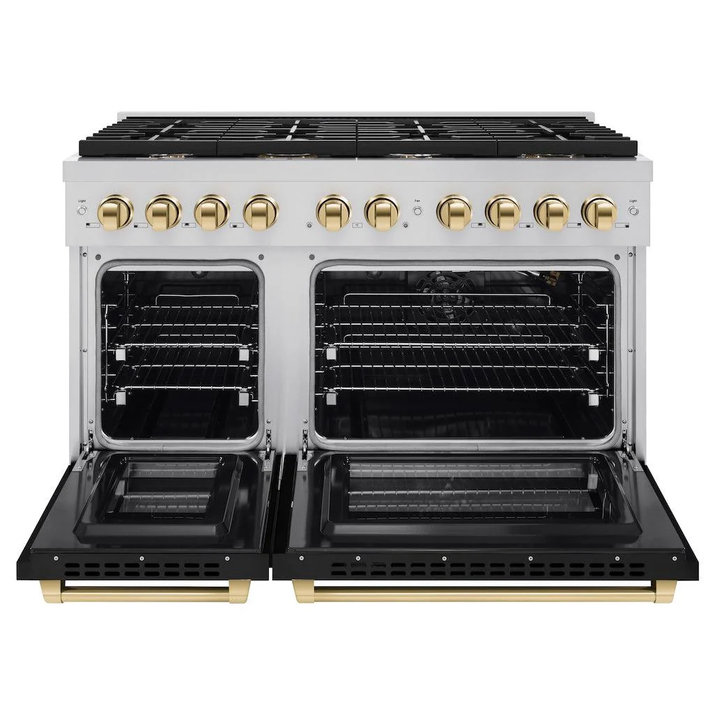 ZLINE Autograph Edition 48 in. 6.7 cu. ft. Paramount Double Oven Gas Range with 8 Burner Cooktop in Stainless Steel with Black Matte Doors and Polished Gold Accents (SGRZ-BLM-48-G) - Image 3