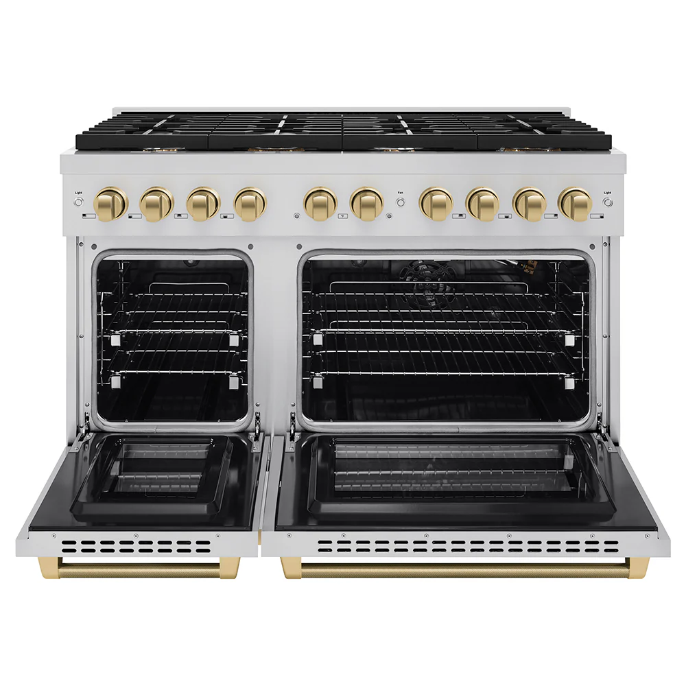 ZLINE Autograph Edition 48 in. 6.7 cu. ft. Paramount Double Oven Gas Range with 8 Burner Cooktop in Stainless Steel and Champagne Bronze Helix Handles and Knob Accents (SGRZ-48-KCB) - Image 4
