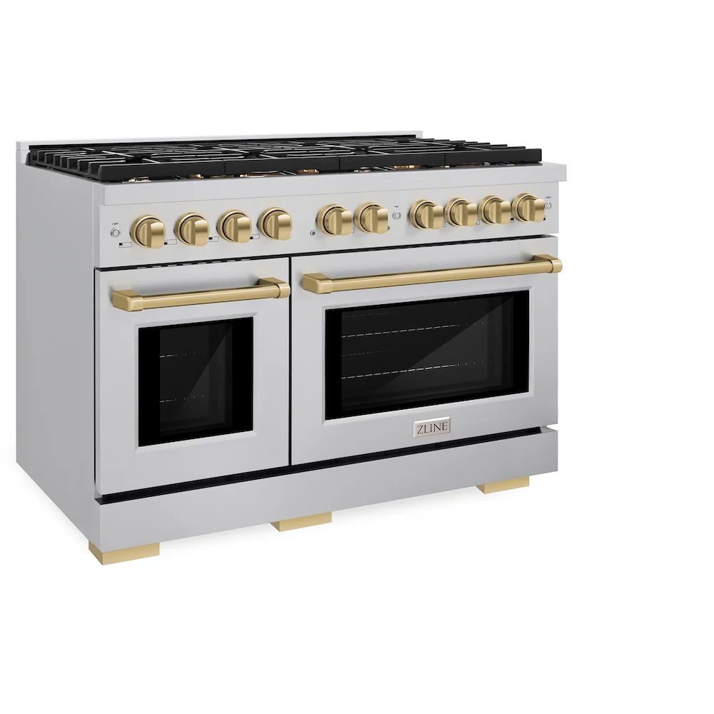 ZLINE Autograph Edition 48 in. 6.7 cu. ft. Paramount Double Oven Gas Range with 8 Burner Cooktop in Stainless Steel and Champagne Bronze Accents (SGRZ-48-CB) - Image 6