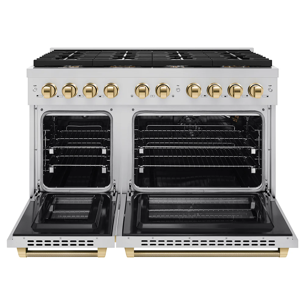 ZLINE Autograph Edition 48 in. 6.7 cu. ft. Paramount Double Oven Gas Range with 8 Burner Cooktop in Stainless Steel and Polished Gold Helix Handles and Knob Accents (SGRZ-48-KG) - Image 4