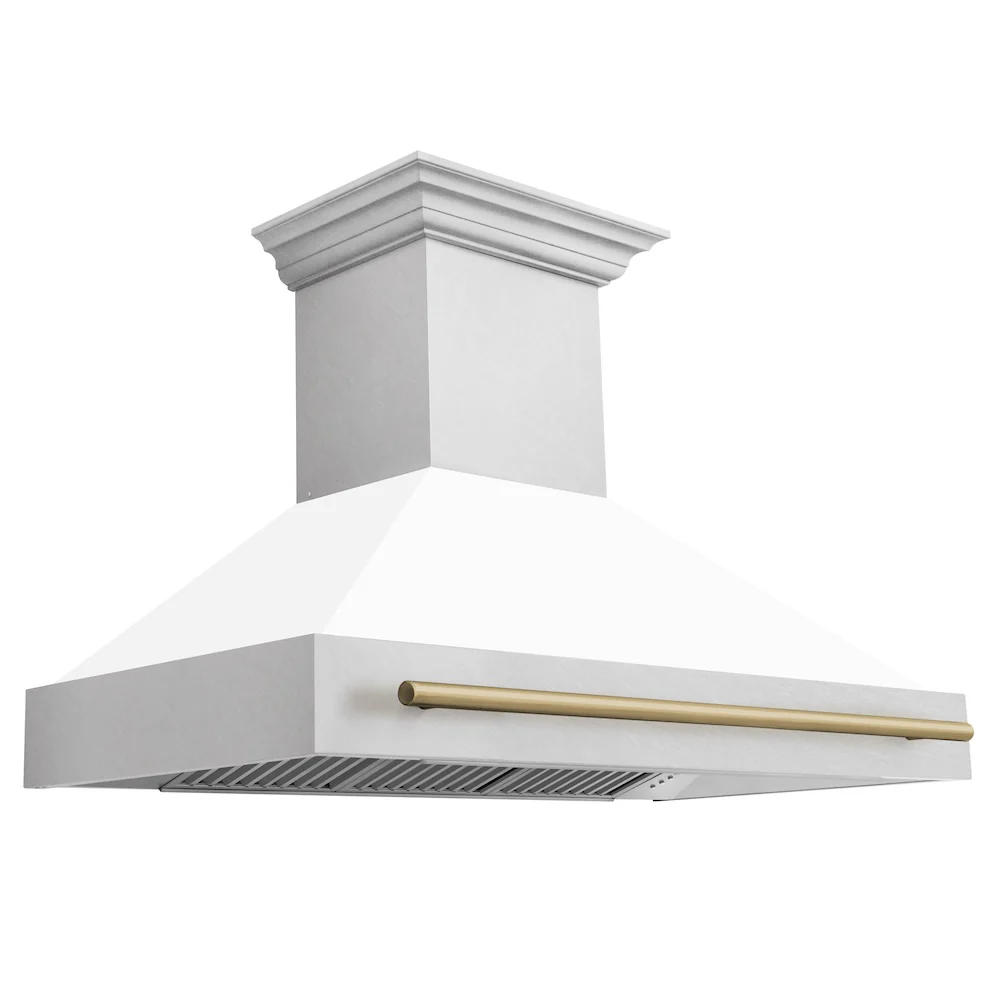 ZLINE Autograph Edition 48 in. Satin Stainless Steel Wall Mount Range Hood with White Matte Shell and Champagne Bronze Handle (8654SNZ-WM48-CB)