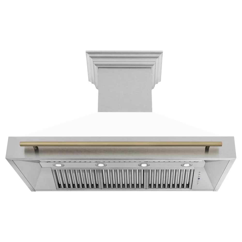 ZLINE Autograph Edition 48 in. Satin Stainless Steel Wall Mount Range Hood with White Matte Shell and Champagne Bronze Handle (8654SNZ-WM48-CB) - Image 3
