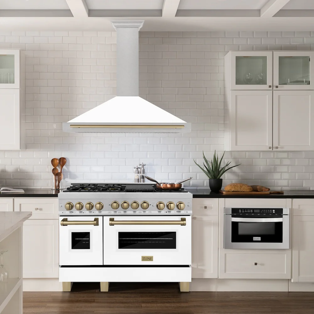 ZLINE 48 in. Autograph Edition Convertible Fingerprint Resistant Satin Stainless Steel Range Hood with White Matte Shell and Champagne Bronze Handle (KB4SNZ-WM48-CB) - Image 2