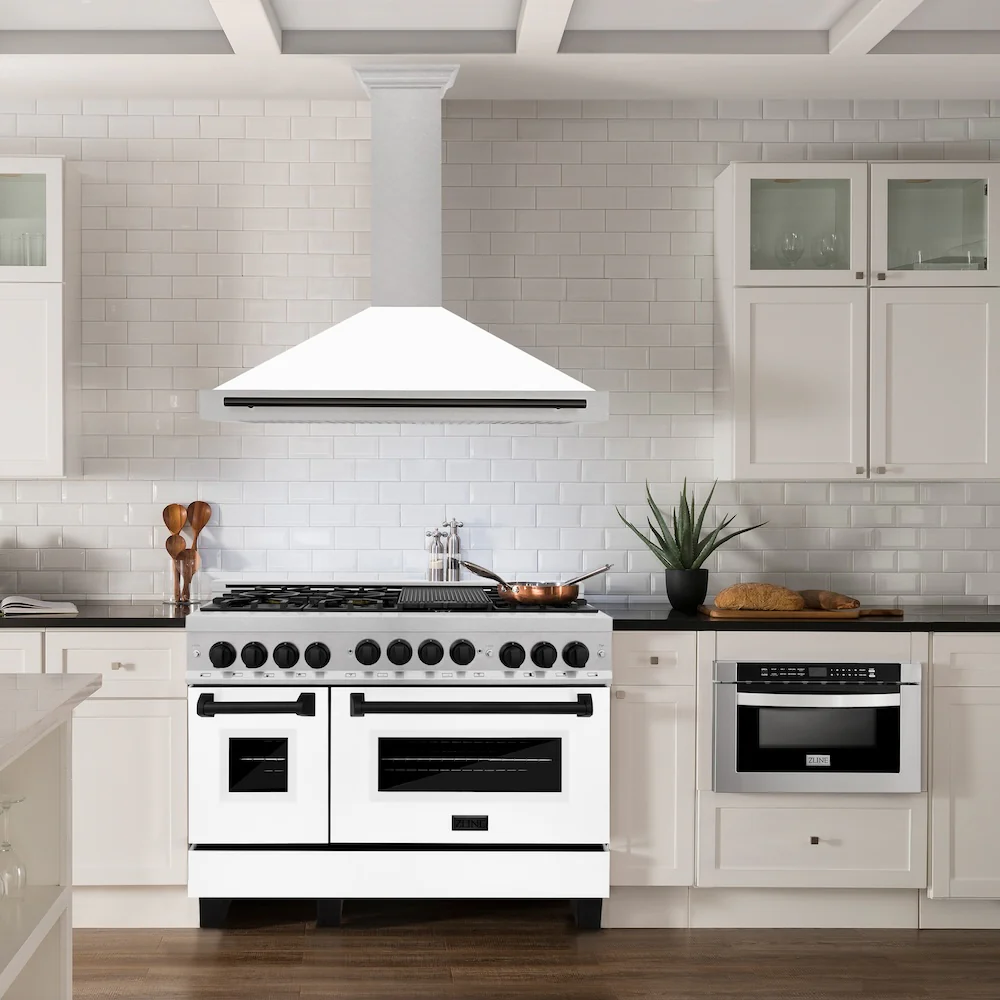 ZLINE 48 in. Autograph Edition Convertible Fingerprint Resistant Satin Stainless Steel Range Hood with White Matte Shell and Matte Black Handle (KB4SNZ-WM48-MB) - Image 2