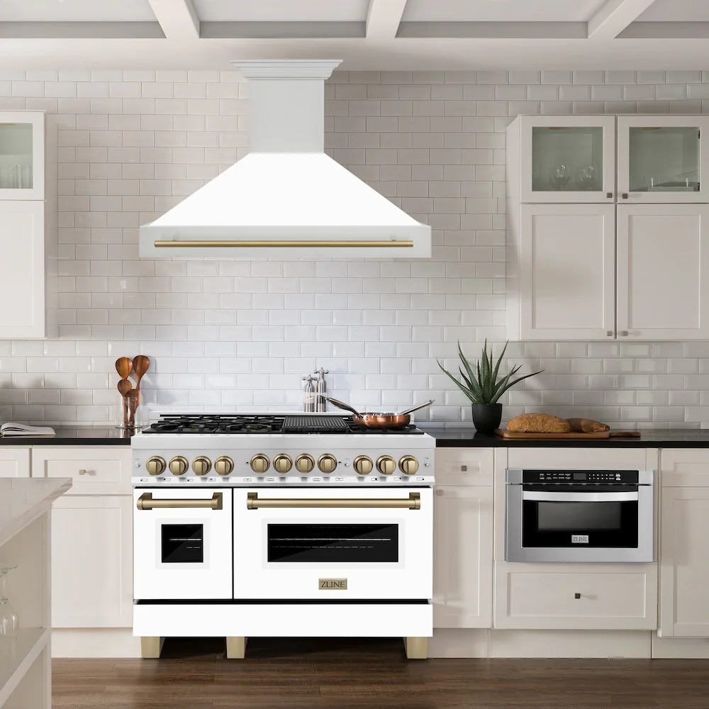 ZLINE Autograph Edition 48 in. Stainless Steel Range Hood with White Matte Shell and Champagne Bronze Handle (8654STZ-WM48-CB) - Image 2