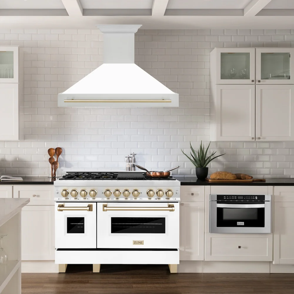 ZLINE Autograph Edition 48 in. Stainless Steel Range Hood with White Matte Shell and Polished Gold Handle - Image 2