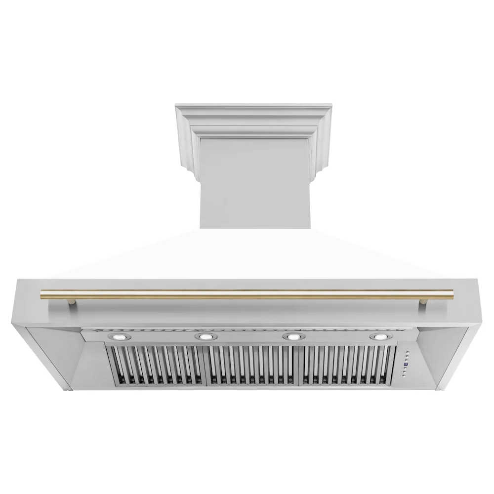 ZLINE Autograph Edition 48 in. Stainless Steel Range Hood with White Matte Shell and Polished Gold Handle - Image 3