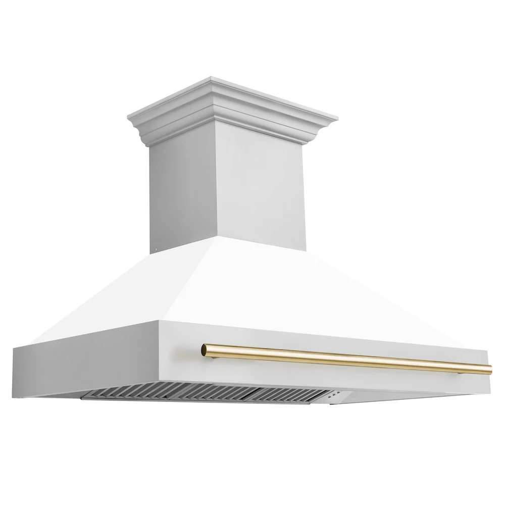 ZLINE Autograph Edition 48 in. Stainless Steel Range Hood with White Matte Shell and Polished Gold Handle - Image 4