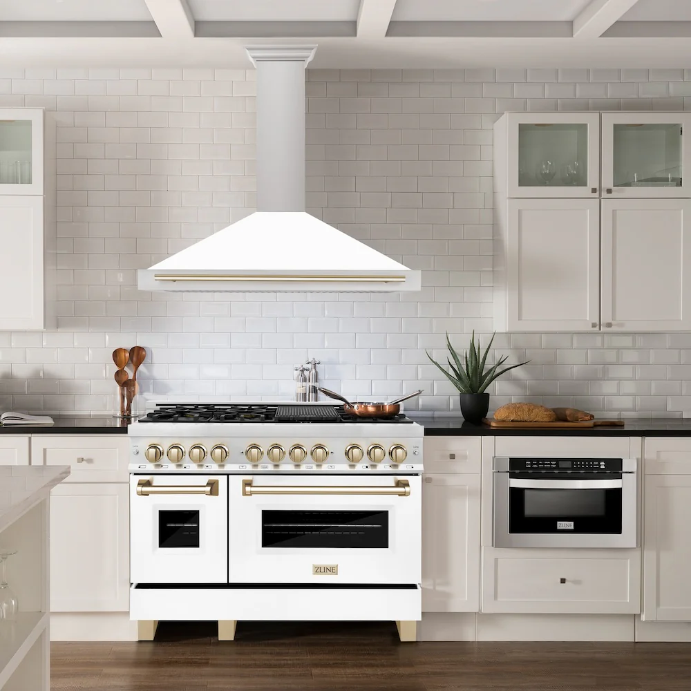 ZLINE 48 in. Autograph Edition Convertible Stainless Steel Range Hood with White Matte Shell and Polished Gold Accents (KB4STZ-WM48-G) - Image 2