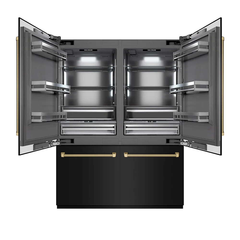 ZLINE Autograph Edition 60 in. 32.2 cu. ft. French Door Built-In Bottom Freezer Refrigerator with Water Dispenser and Ice Maker in Black Stainless Steel with Graphite Gray Interior and Champagne Bronze Helix Handles (GRBIVZ-BS60KCB)