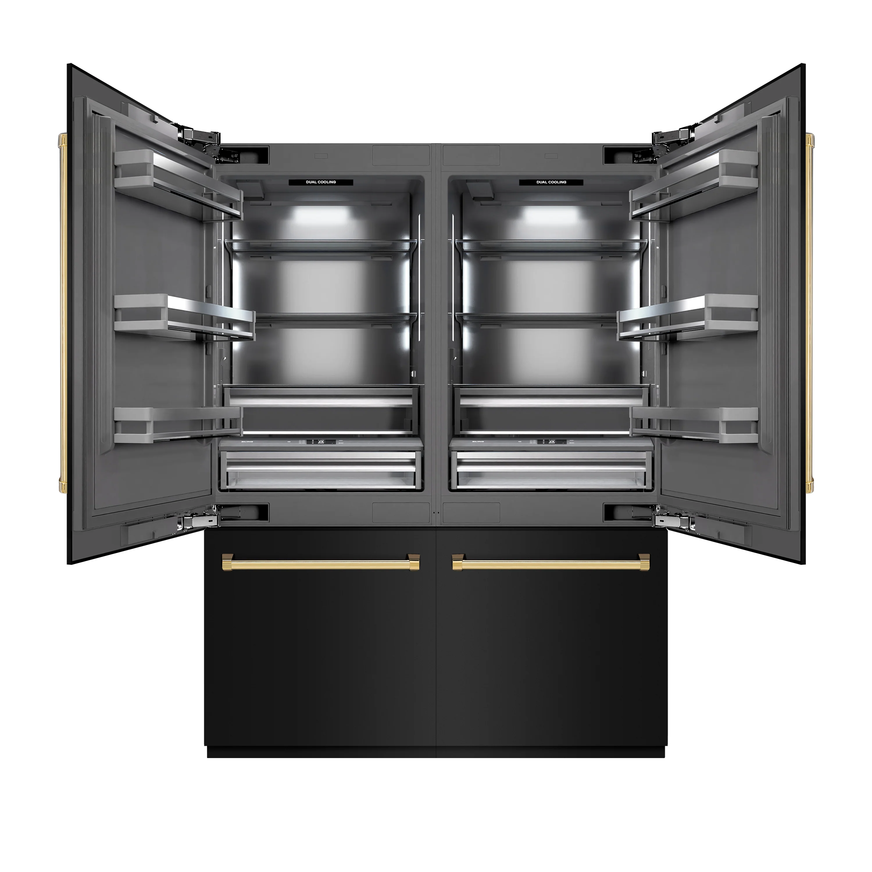 ZLINE Autograph Edition 60 in. 32.2 cu. ft. French Door Built-In Bottom Freezer Refrigerator with Water Dispenser and Ice Maker in Black Stainless Steel with Graphite Gray Interior and Polished Gold Accents (GRBIVZ-BS-60-G)