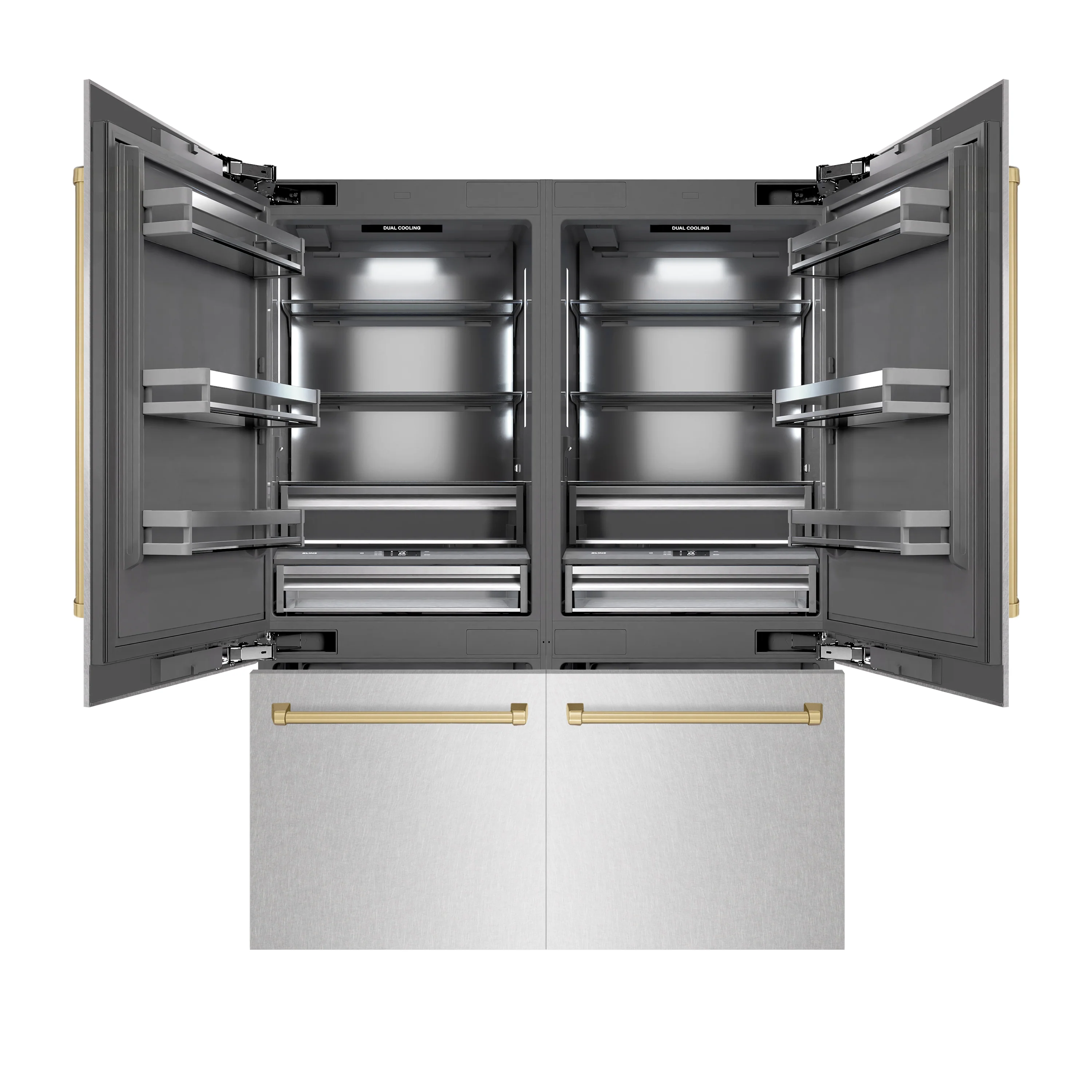 ZLINE Autograph Edition 60 in. 32.2 cu. ft. French Door Built-In Bottom Freezer Refrigerator with Water Dispenser and Ice Maker in Satin Stainless Steel with Graphite Gray Interior and Champagne Bronze Accents (GRBIVZ-SN-60-CB)