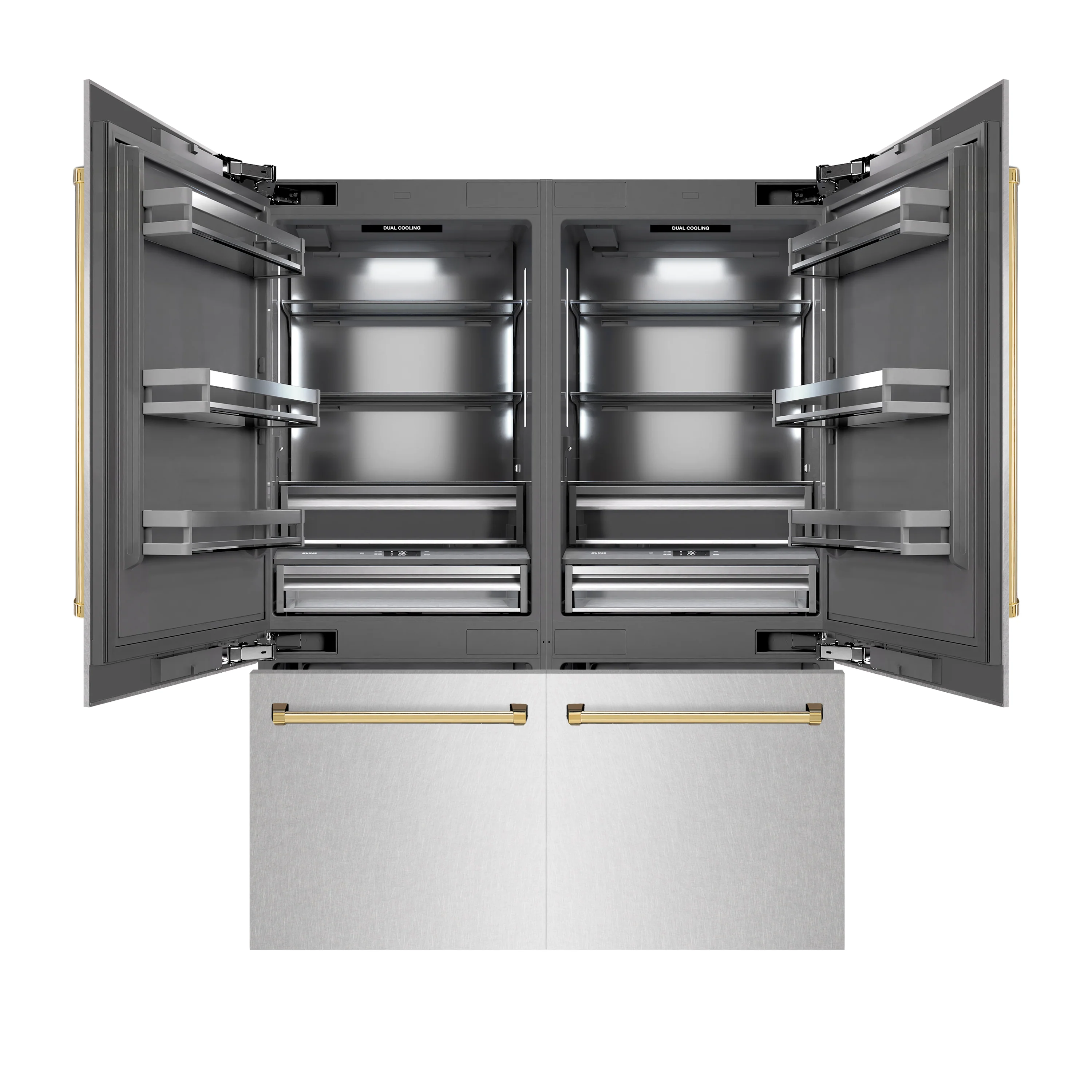 ZLINE Autograph Edition 60 in. 32.2 cu. ft. French Door Built-In Bottom Freezer Refrigerator with Water Dispenser and Ice Maker in Satin Stainless Steel with Graphite Gray Interior and Polished Gold Accents (GRBIVZ-SN-60-G)