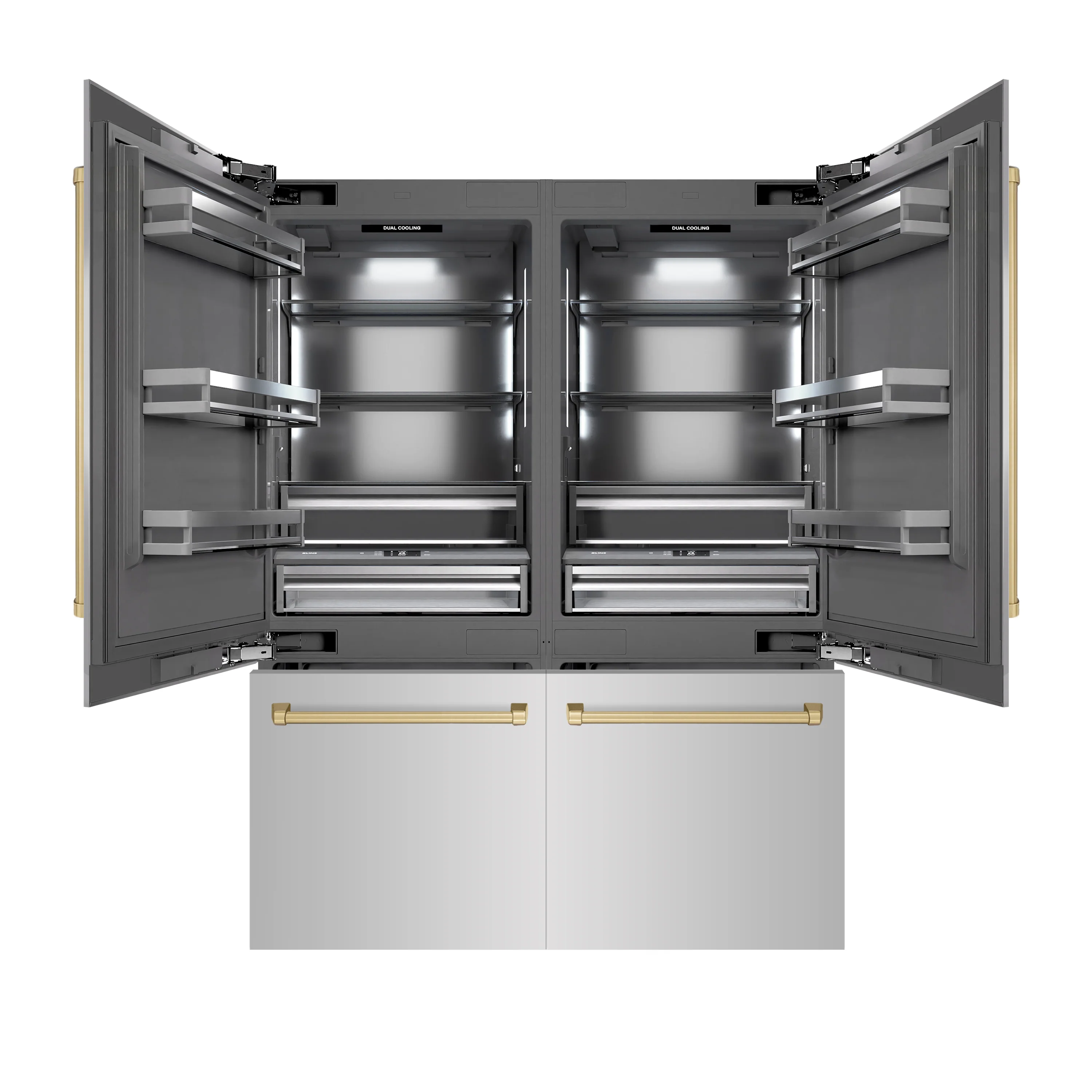 ZLINE Autograph Edition 60 in. 32.2 cu. ft. French Door Built-In Bottom Freezer Refrigerator with Water Dispenser and Ice Maker in Stainless Steel with Graphite Gray Interior and Champagne Bronze Accents (GRBIVZ-304-60CB)
