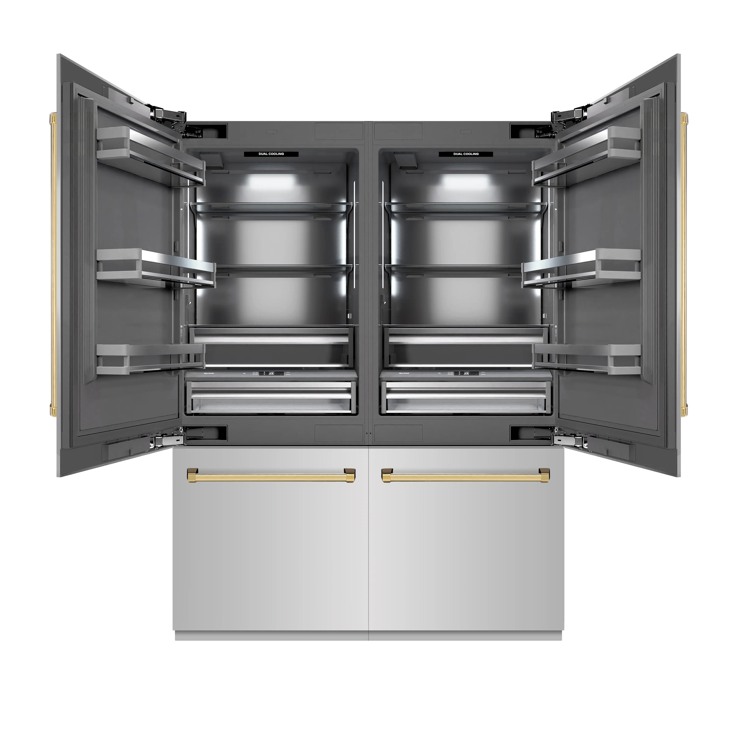 ZLINE Autograph Edition 60 in. 32.2 cu. ft. French Door Built-In Bottom Freezer Refrigerator with Water Dispenser and Ice Maker in Stainless Steel with Graphite Gray Interior and Polished Gold Accents (GRBIVZ-304-60G)