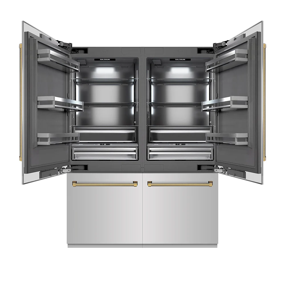 ZLINE Autograph Edition 60 in. 32.2 cu. ft. French Door Built-In Bottom Freezer Refrigerator with Water Dispenser and Ice Maker in Stainless Steel with Graphite Gray Interior and Polished Gold Helix Handles (GRBIVZ-30460KG)