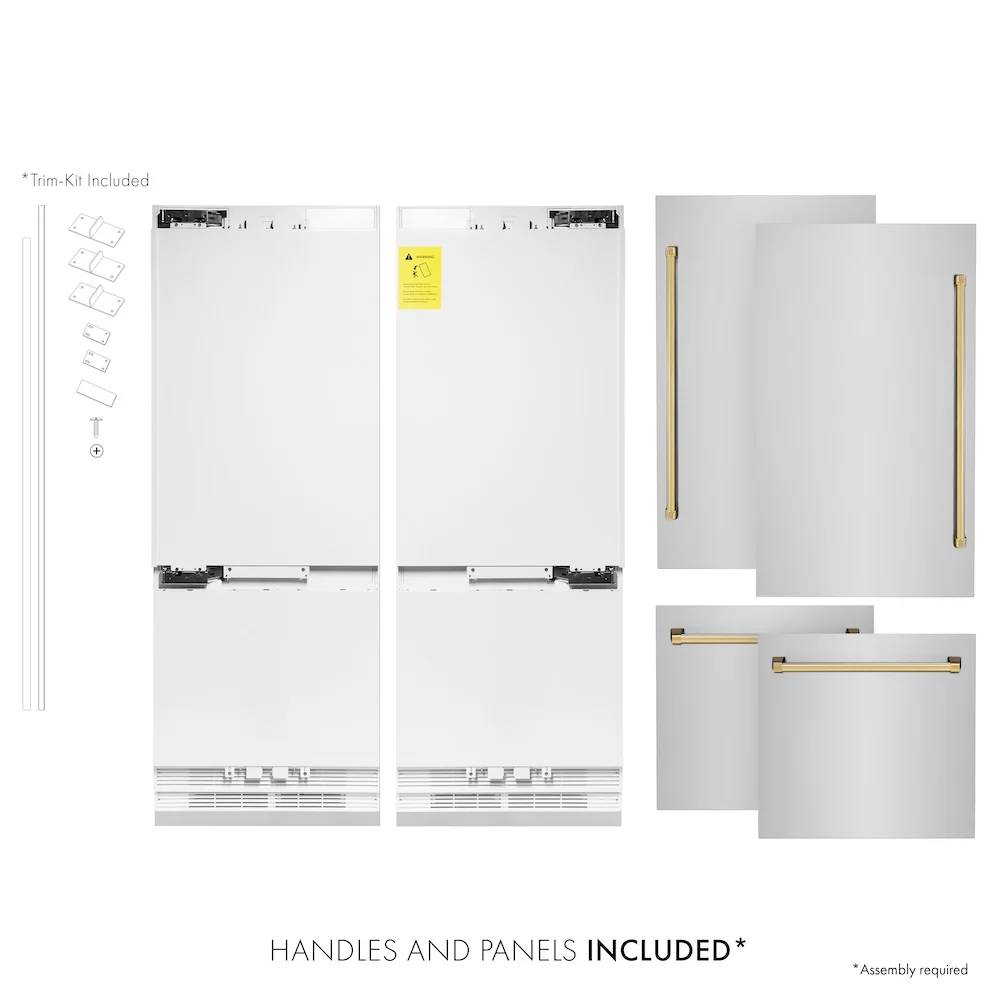 ZLINE Autograph Edition 60 in. 32.2 cu. ft. French Door Built-In Bottom Freezer Refrigerator with Water Dispenser and Ice Maker in Stainless Steel with Polished Gold Accents (RBIVZ-304-60-G)