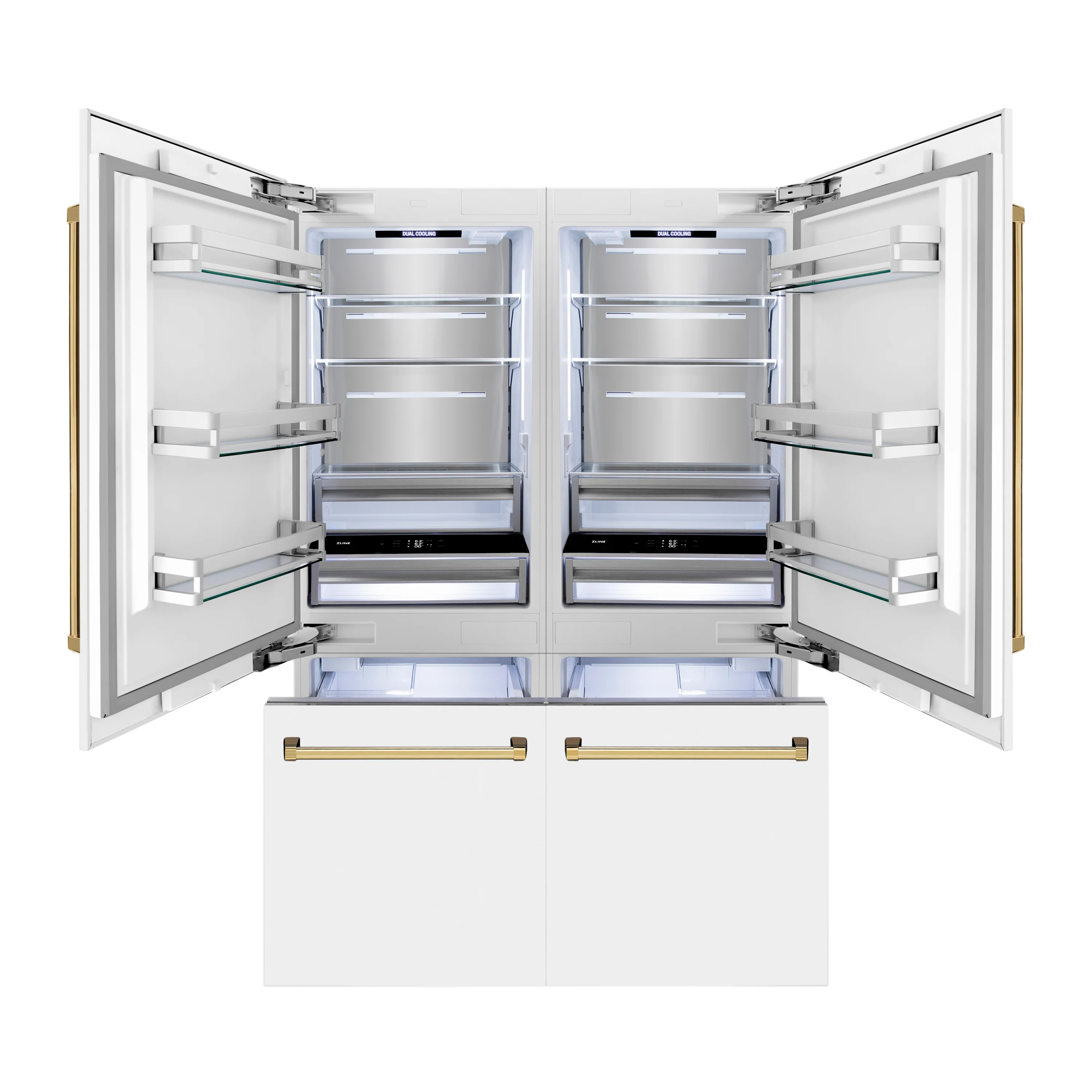 ZLINE Autograph Edition 60 in. 32.2 cu. ft. French Door Built-In Bottom Freezer Refrigerator with Water Dispenser and Ice Maker in White Matte with Polished Gold Accents (RBIVZ-WM-60-G) - Image 6