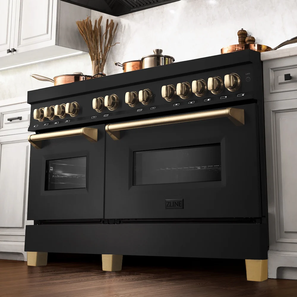 ZLINE Autograph Edition 60 in. 7.4 cu. ft. Legacy Dual Fuel Range with 9 Burner Gas Cooktop and 2 Electric Convection Ovens in Black Stainless Steel and Polished Gold Accents, Open Box-Great Condition - Image 3